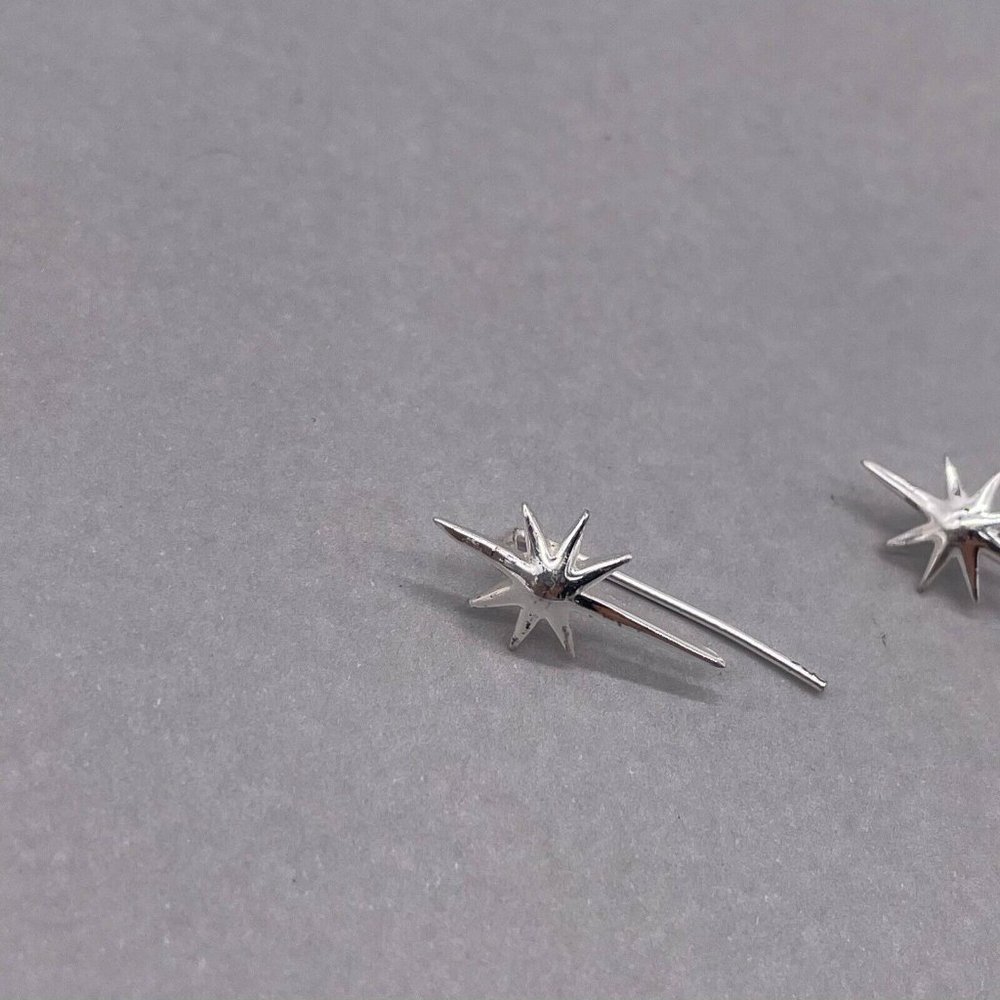 925 Sterling Silver Star Burst Climber Earrings - Picture 5 of 5
